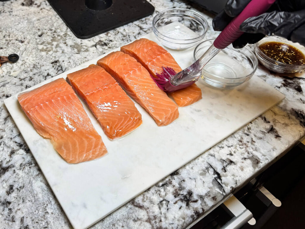 coating Teriyaki Salmon with truffle oil