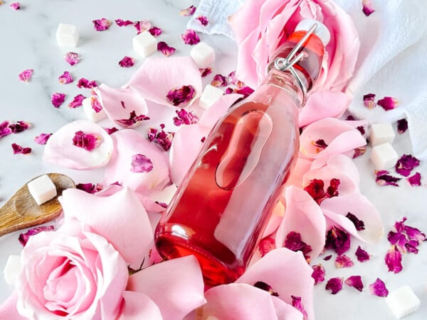 close up photo of rose simple syrup in airtight class container