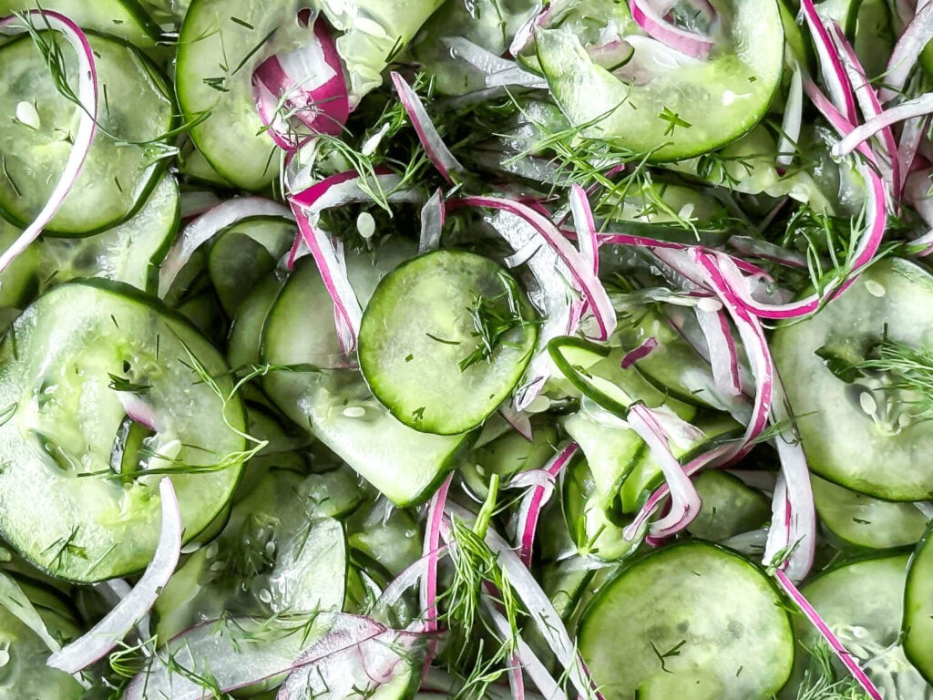 Close up photo of cucumber dill salad