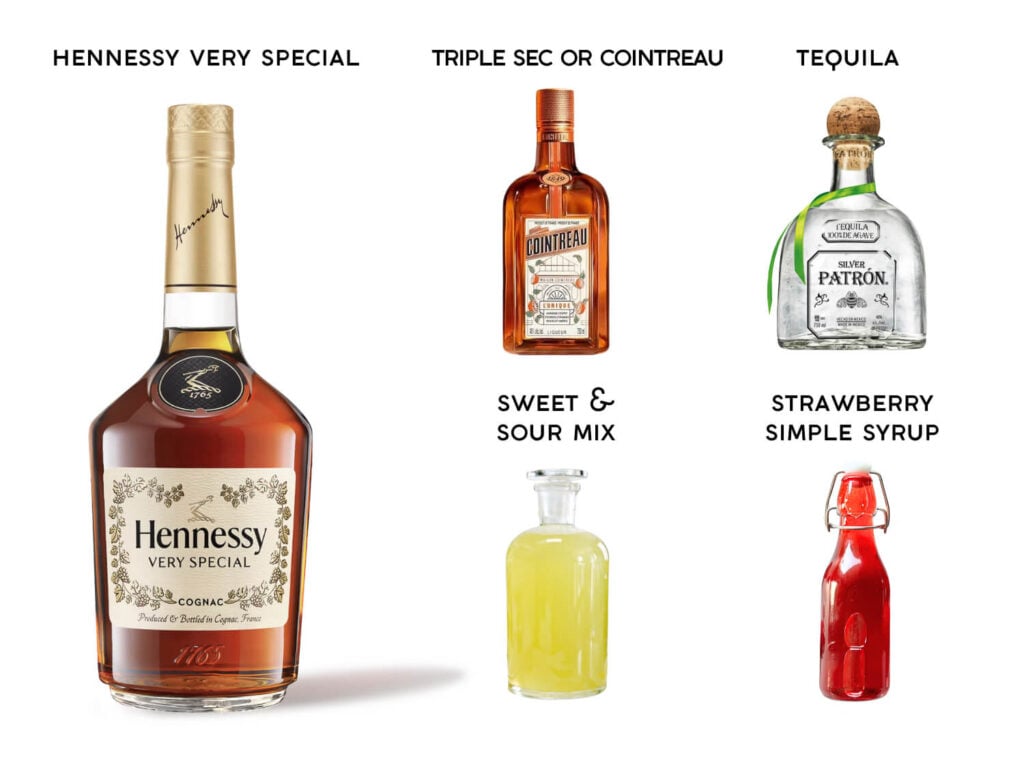 Photo of ingredients for a Hennessy Strawberry Margarita recipe