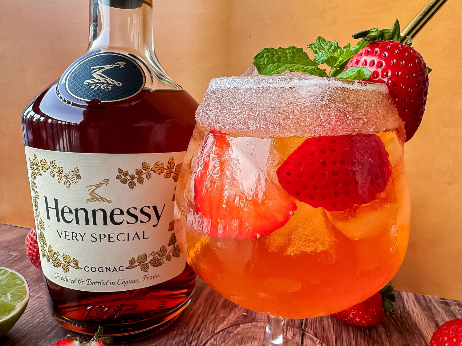 Close up photo of a Strawberry Hennessy Margarita