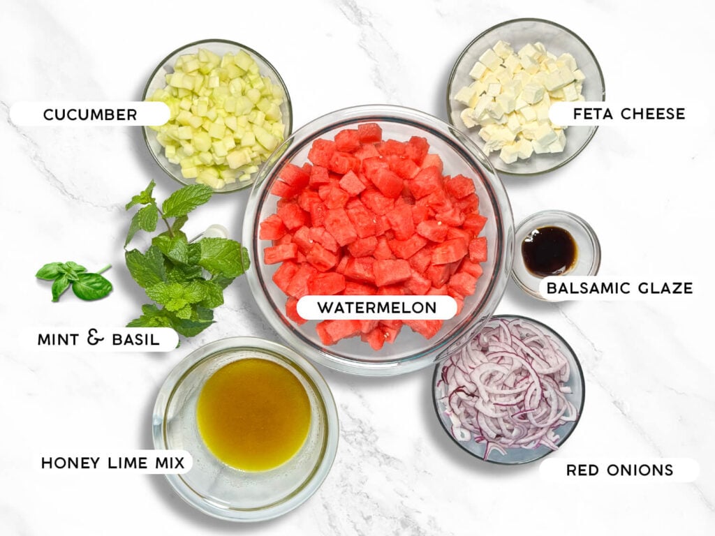 Watermelon feta salad flatlay photo of ingredients