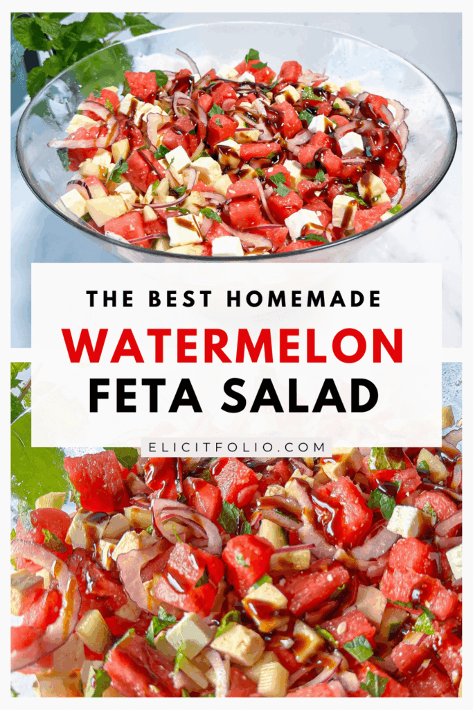 Pinterest pin photo of watermelon feta salad in a glass bowl
