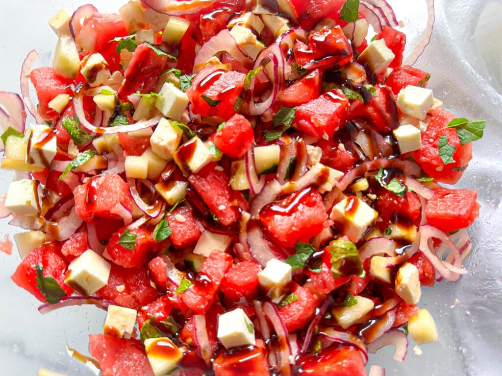 photo of watermelon feta salad in a glass bowl