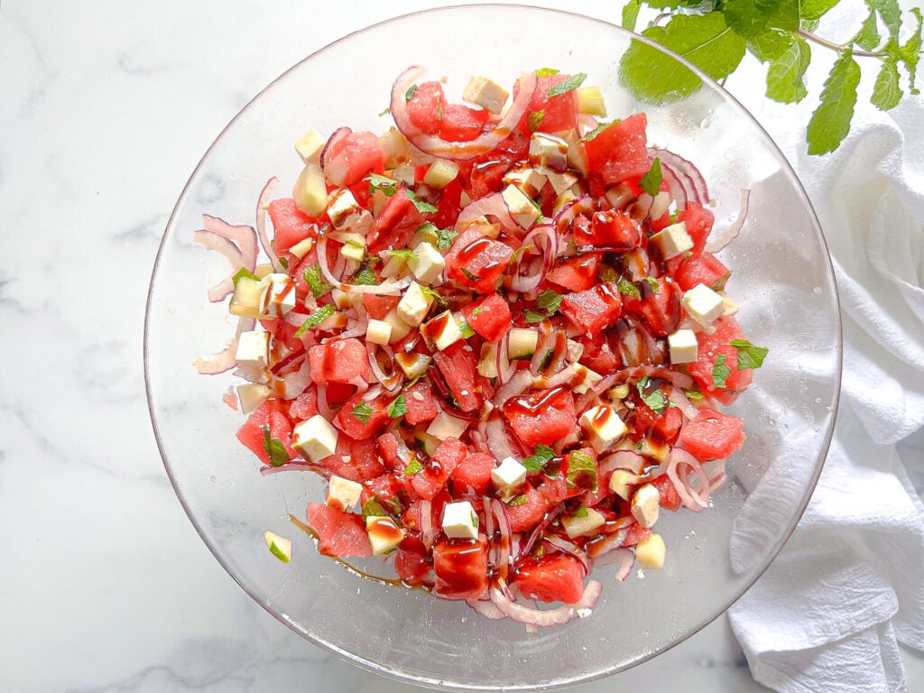 photo of watermelon feta salad in a glass bowl