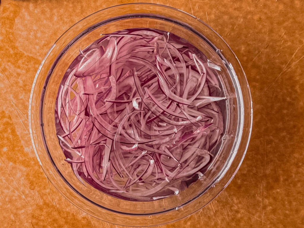 photo of red onions in water