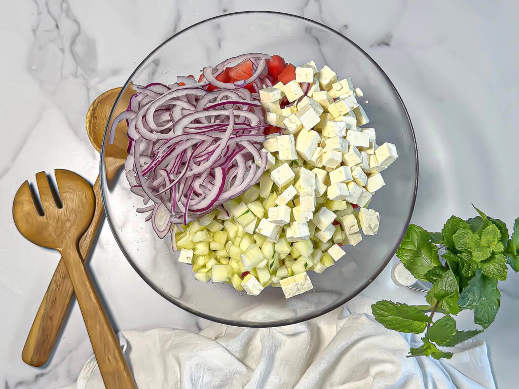 photo of watermelon feta salad in a glass bowl