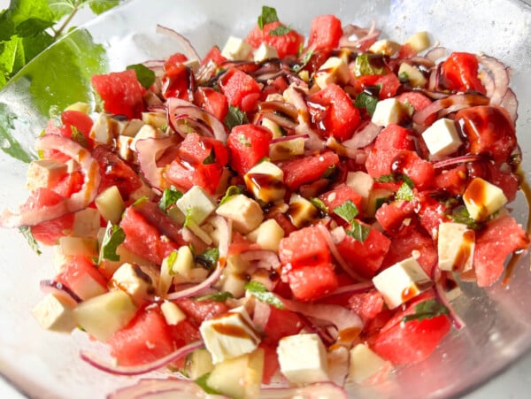 photo of watermelon feta salad in a glass bowl
