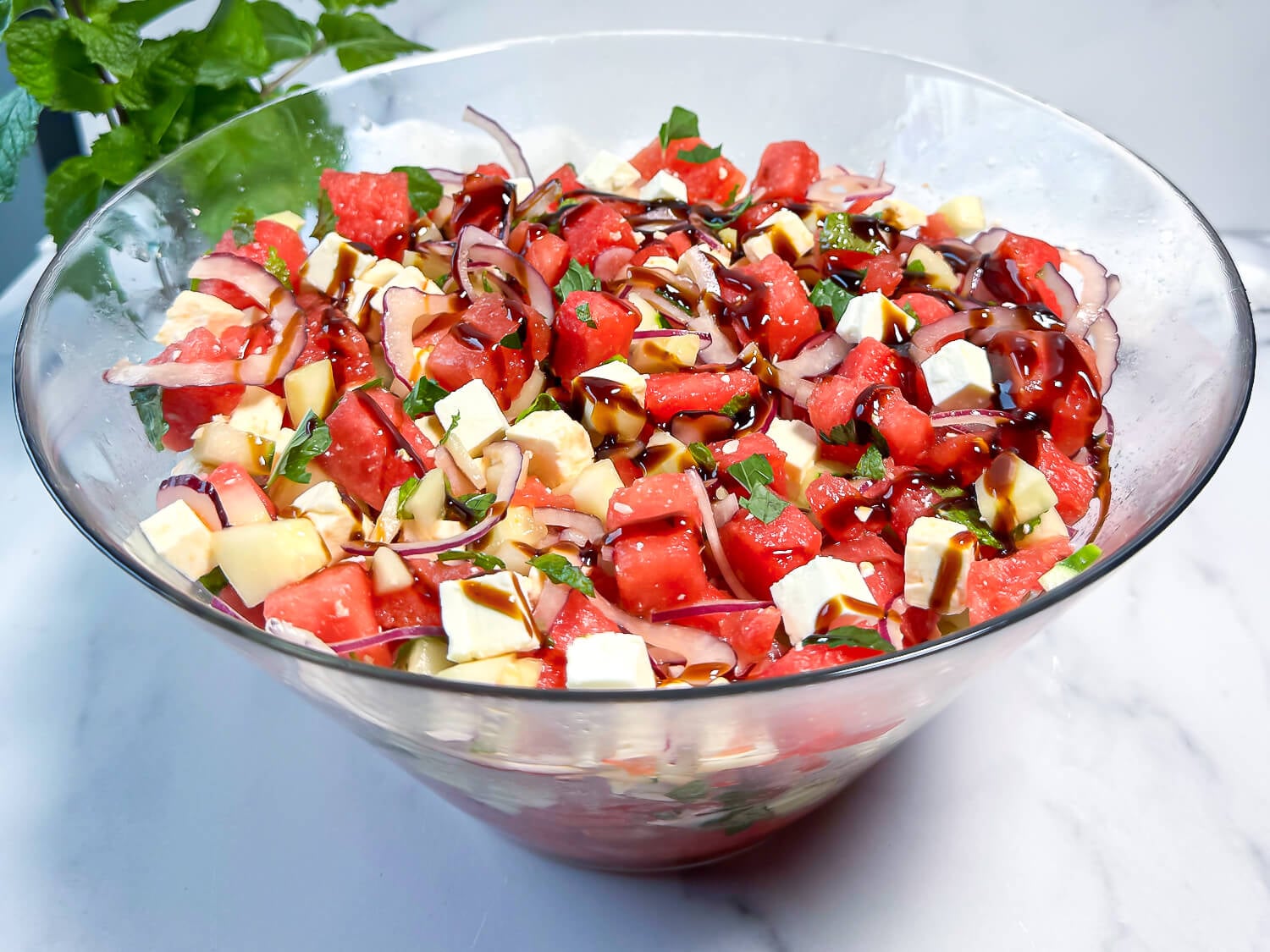 photo of watermelon feta salad in a glass bowl