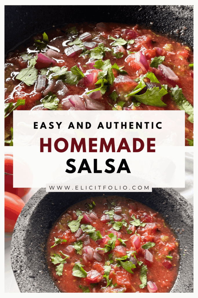 Pin for Pinterest with two photos of salsa