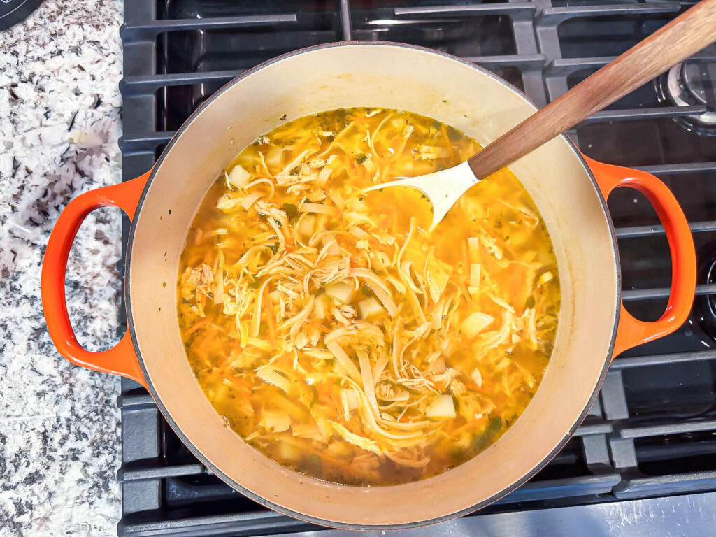overhead photo of chicken noodle soup in a dutch oven