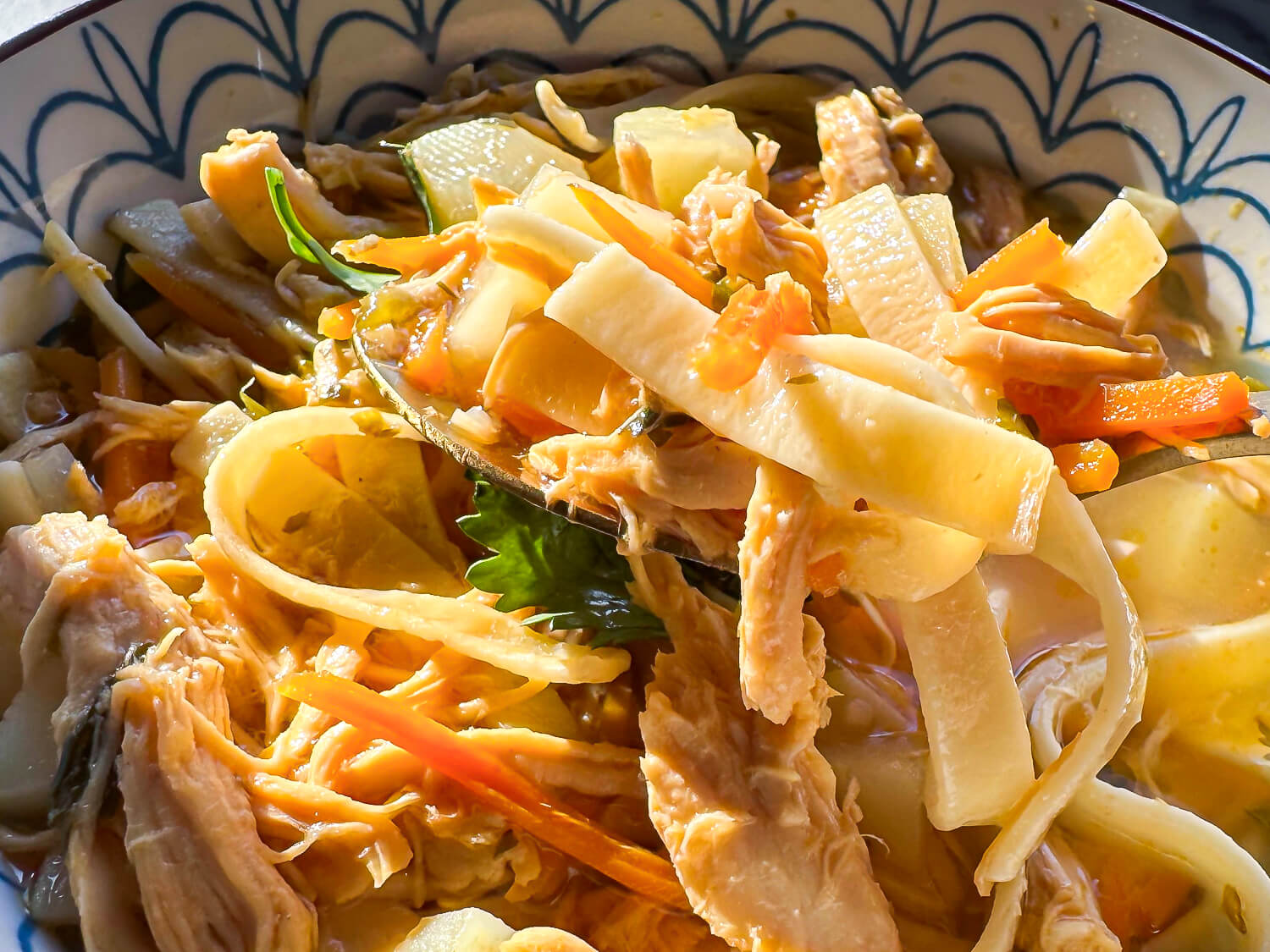 Close up photo of a spoonful chicken noodle soup