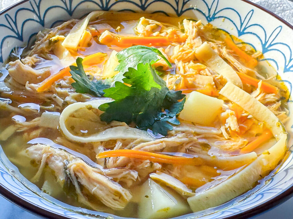 close up photo of chicken noodle soup