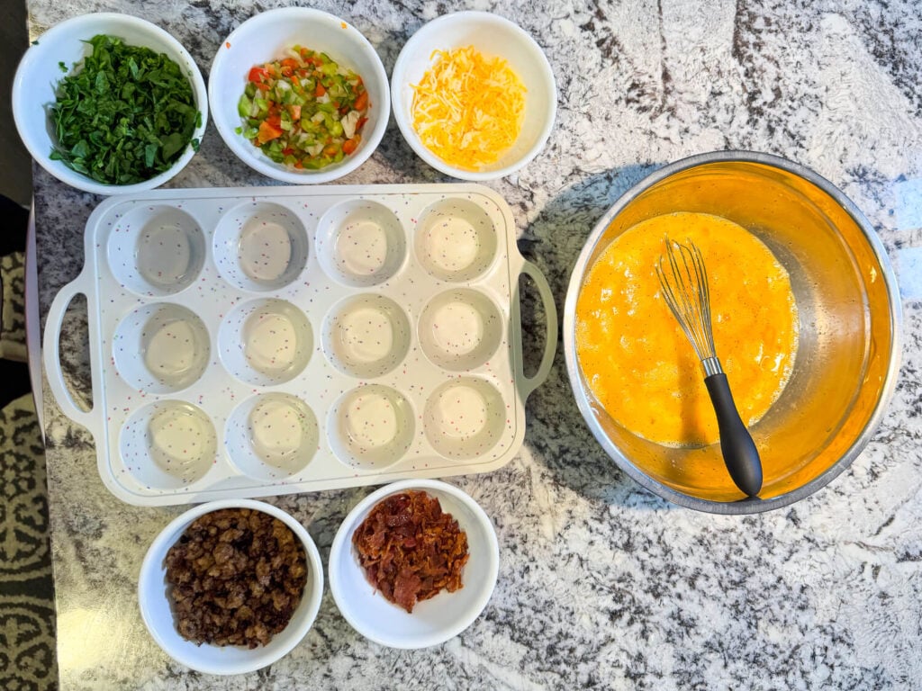 photo of egg mixture next to prepped ingredients