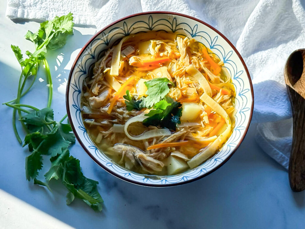 photo of chicken noodle soup in a bowl