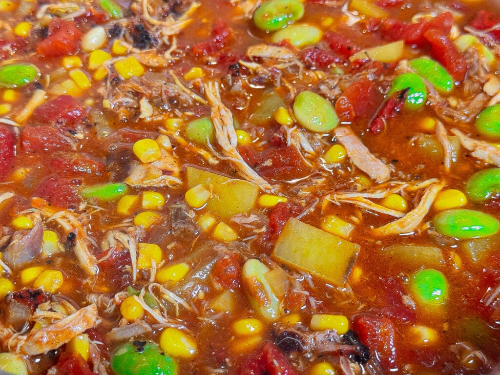 very zoomed in photo of Brunswick Stew with lima beans, potatoes, tomatoes, and stewed meat