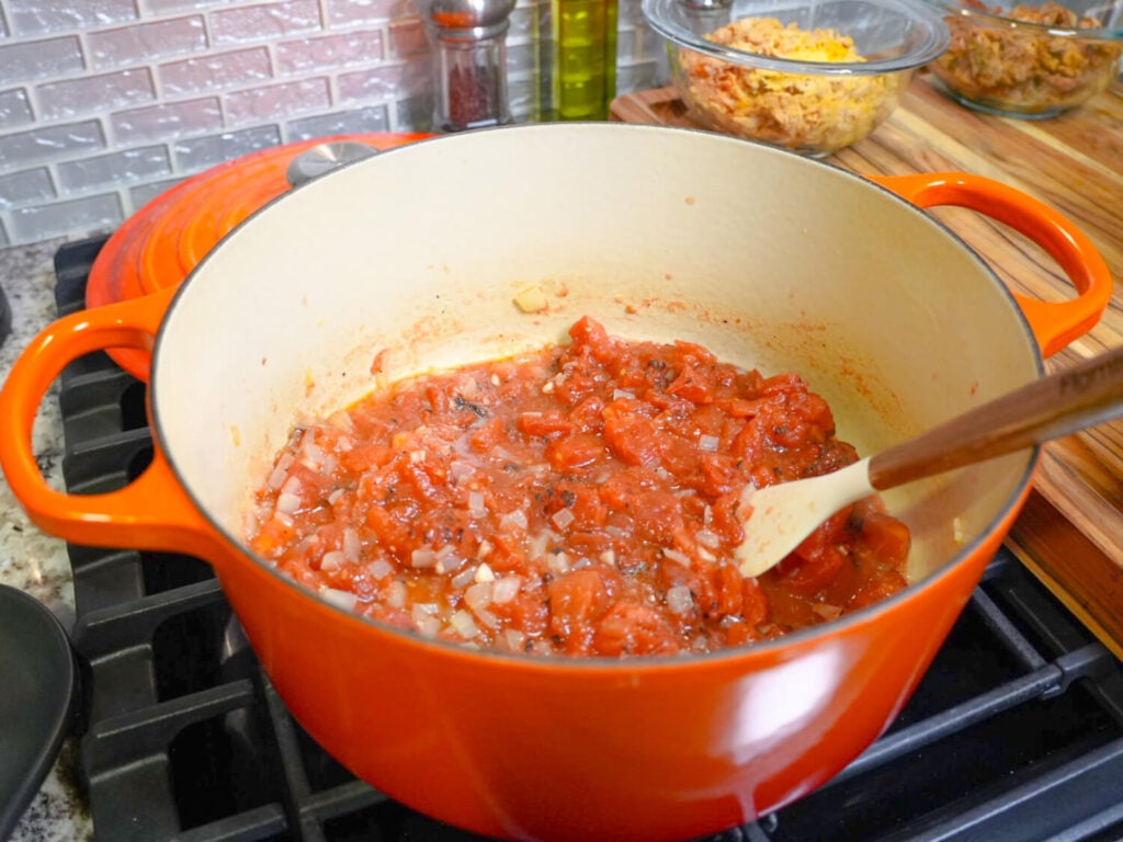 photo of fire roasted tomatoes in a dutch oven