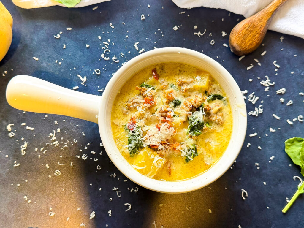 Zuppa Toscana Soup, in a white bowl