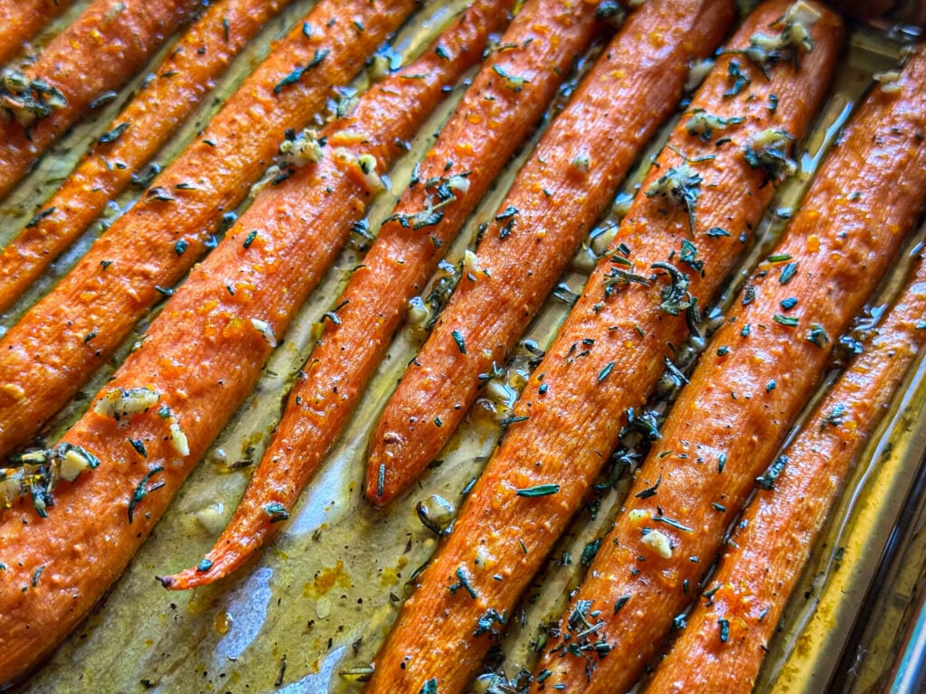 close up of Honey Roasted Carrots right out of the oven