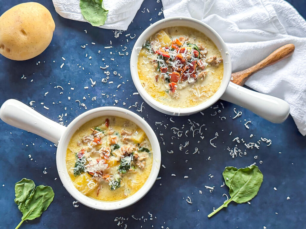 Zuppa Toscana Soup, in two white soup bowls