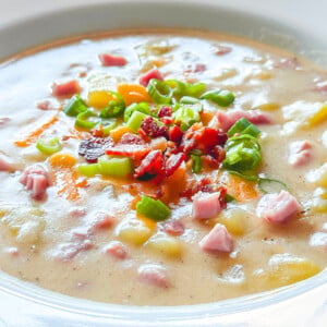 side view of ham and potato soup