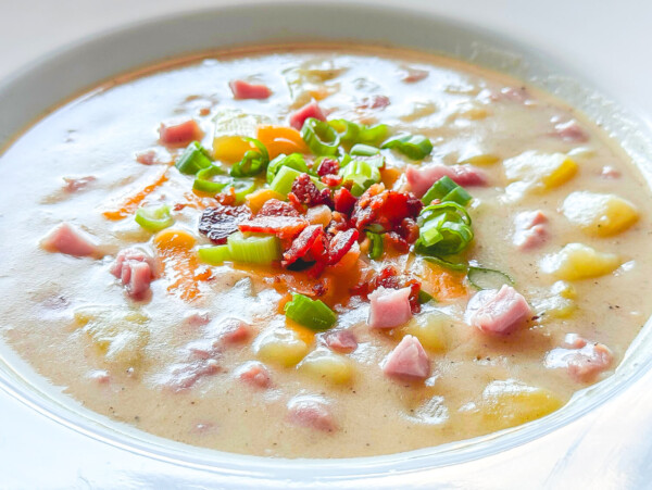 side view of ham and potato soup