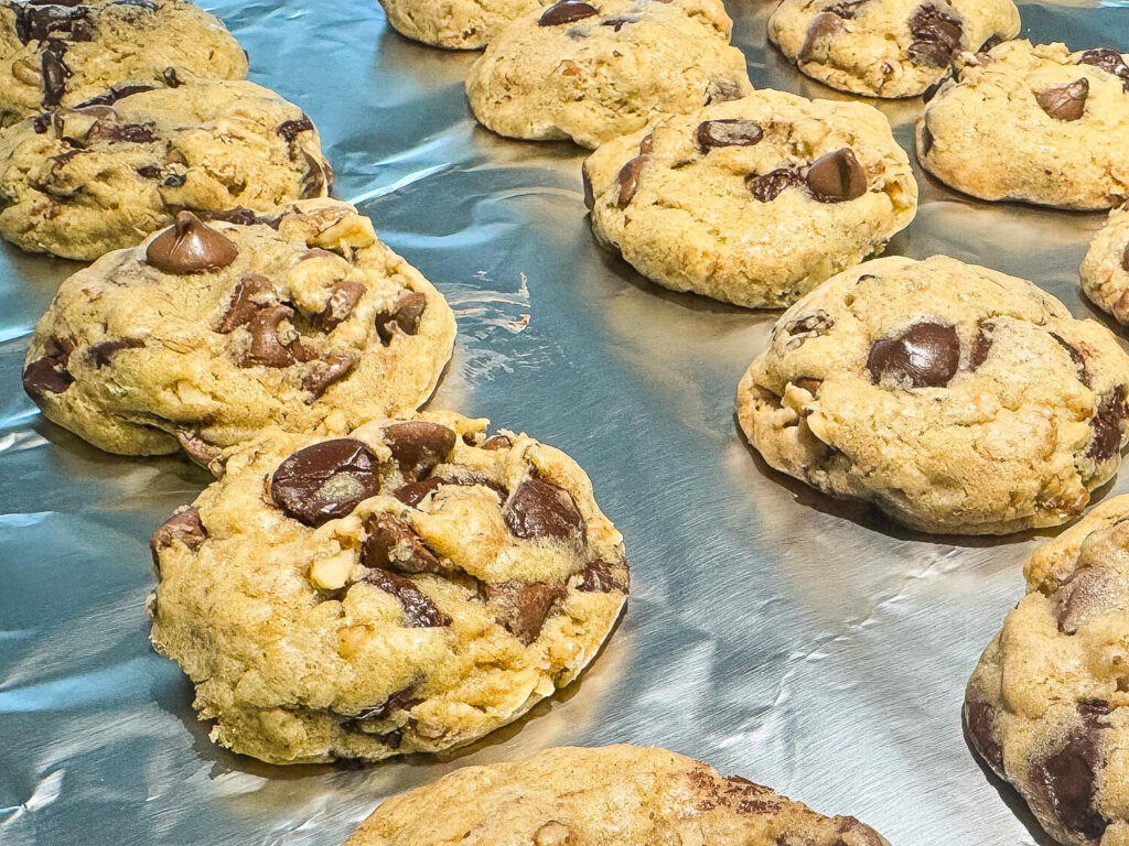 photo of Oatmeal Chocolate Chip Cookies on aluminum foil