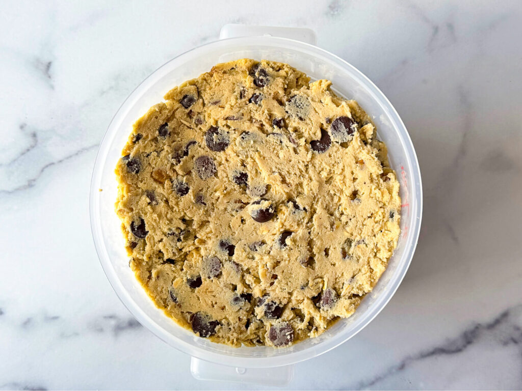 photo of Oatmeal Chocolate Chip Cookie dough in a storage container