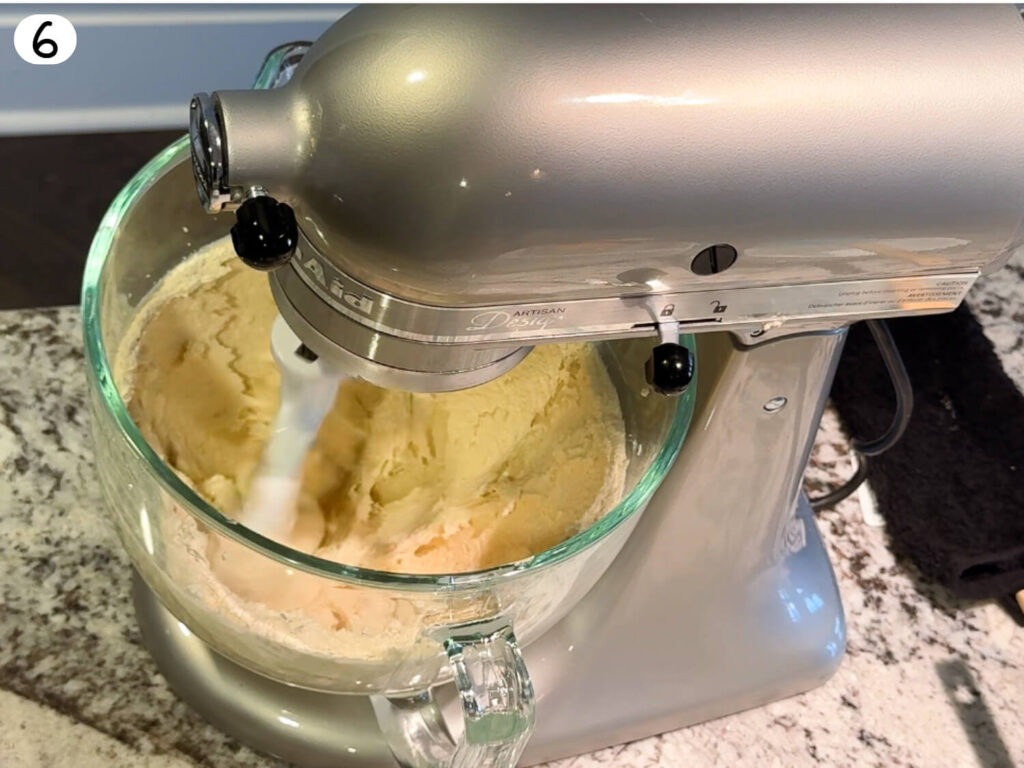 photo of dry and wet ingredients mixing in a stand mixer