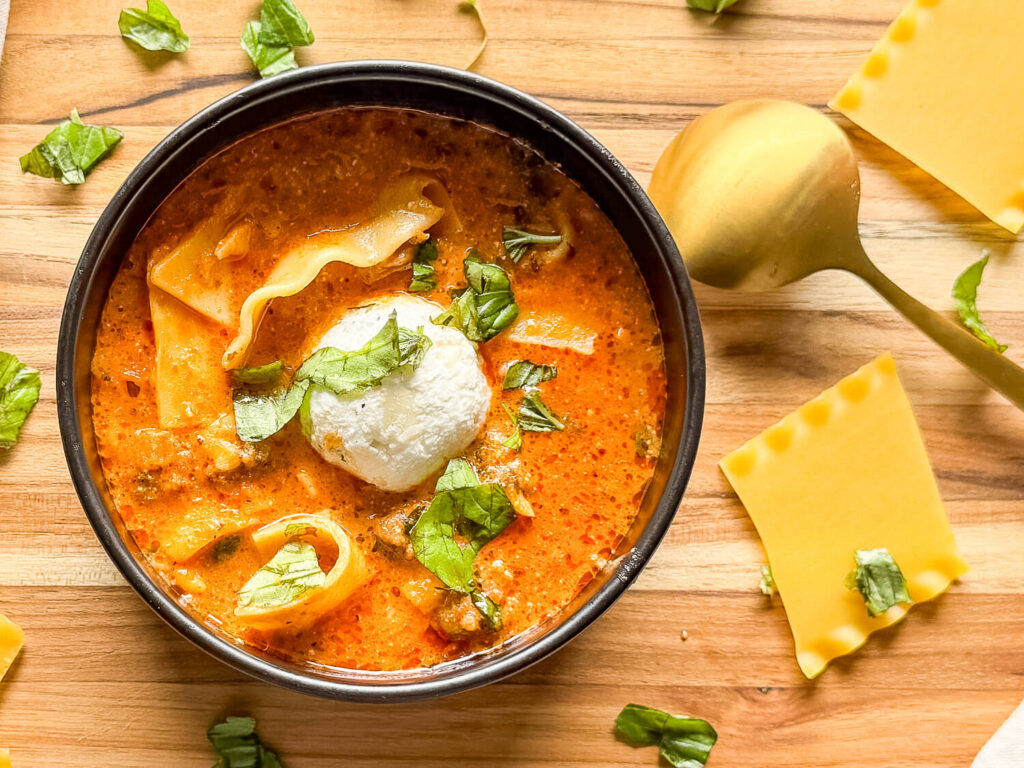 overhead photo of lasagna soup in a bowl