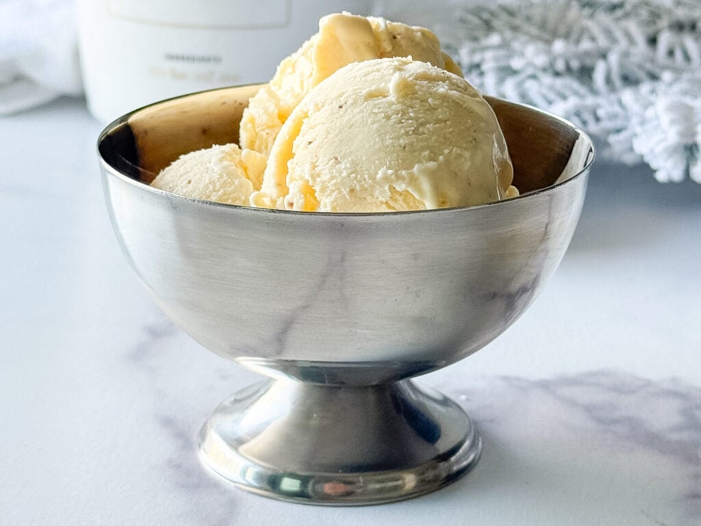 Eggnog Ice Cream in a silver bowl