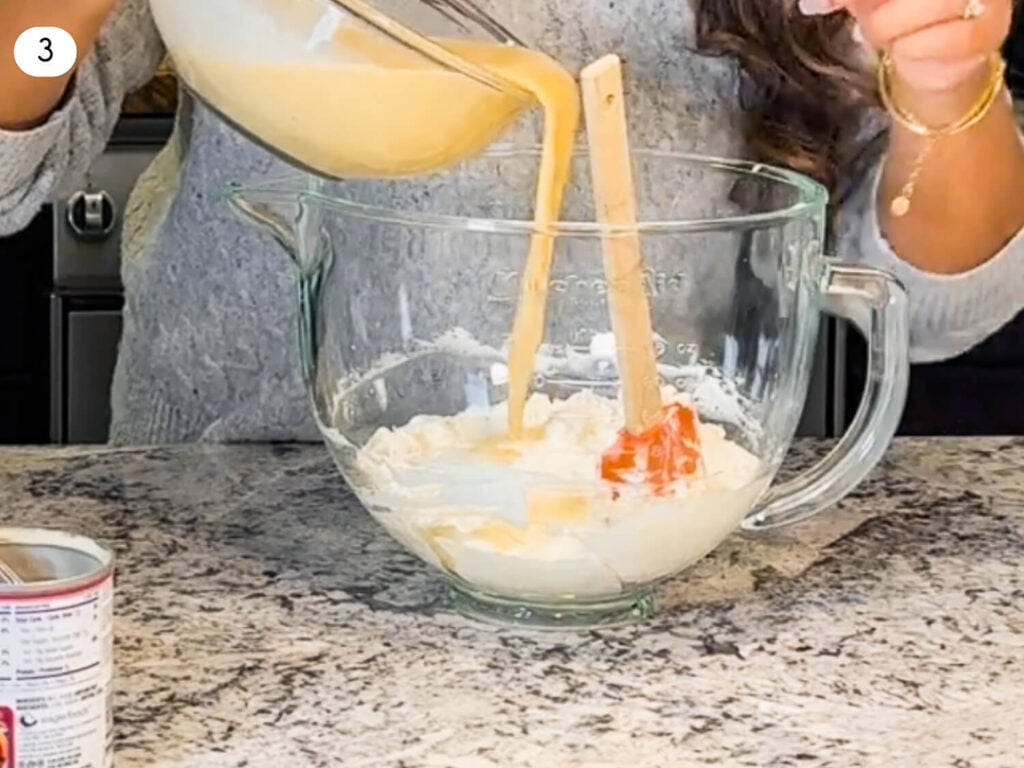 photo of pouring eggnog mixture into a mixing bowl