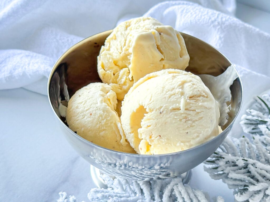Eggnog Ice Cream in a silver bowl