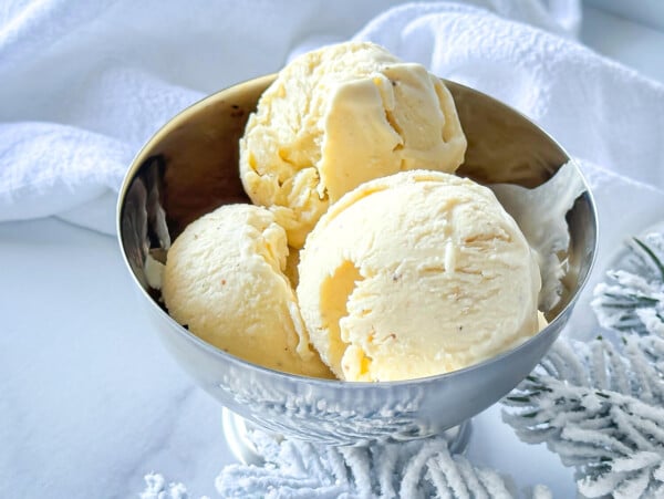 Eggnog Ice Cream in a silver bowl