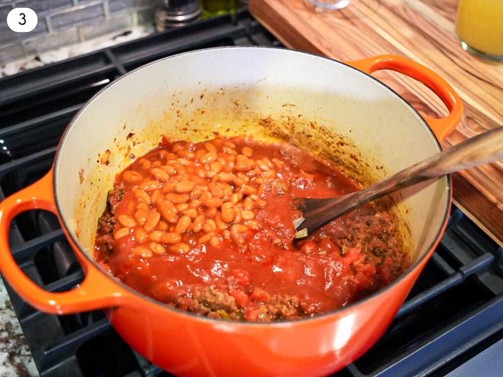 Classic Homemade Chili in a red dutch oven