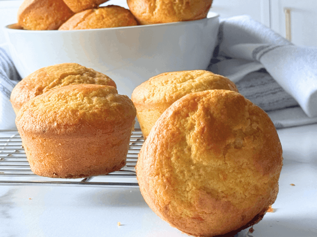 photo of baked Cornbread Muffins on a tray and in a white bowl