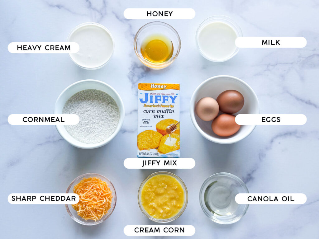 photo of Cornbread Muffins ingredients on a marble surface