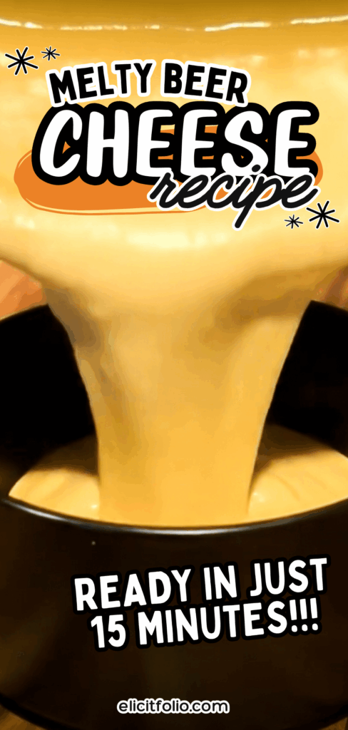 Pinterest Pin by Elicit Folio. Photo of cheese falling out of a pot into a black bowl
