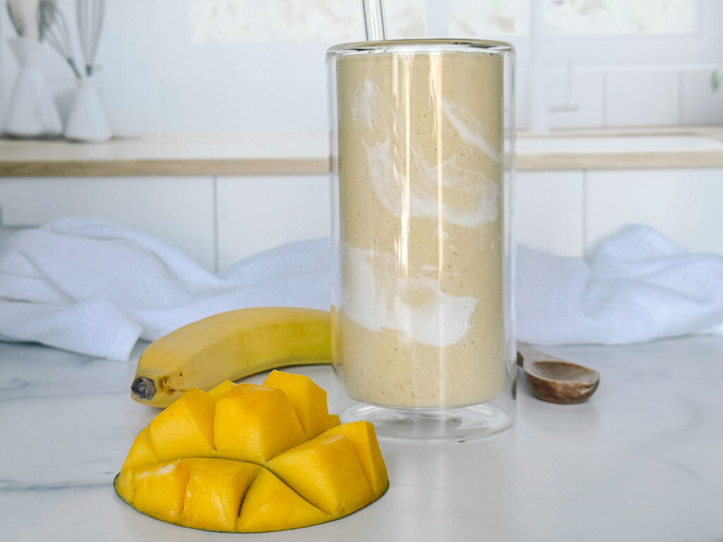 photo of a mango smoothie in a kitchen