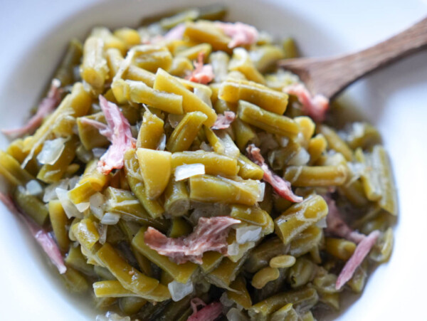 Close up photo of Southern Green Beans with meat