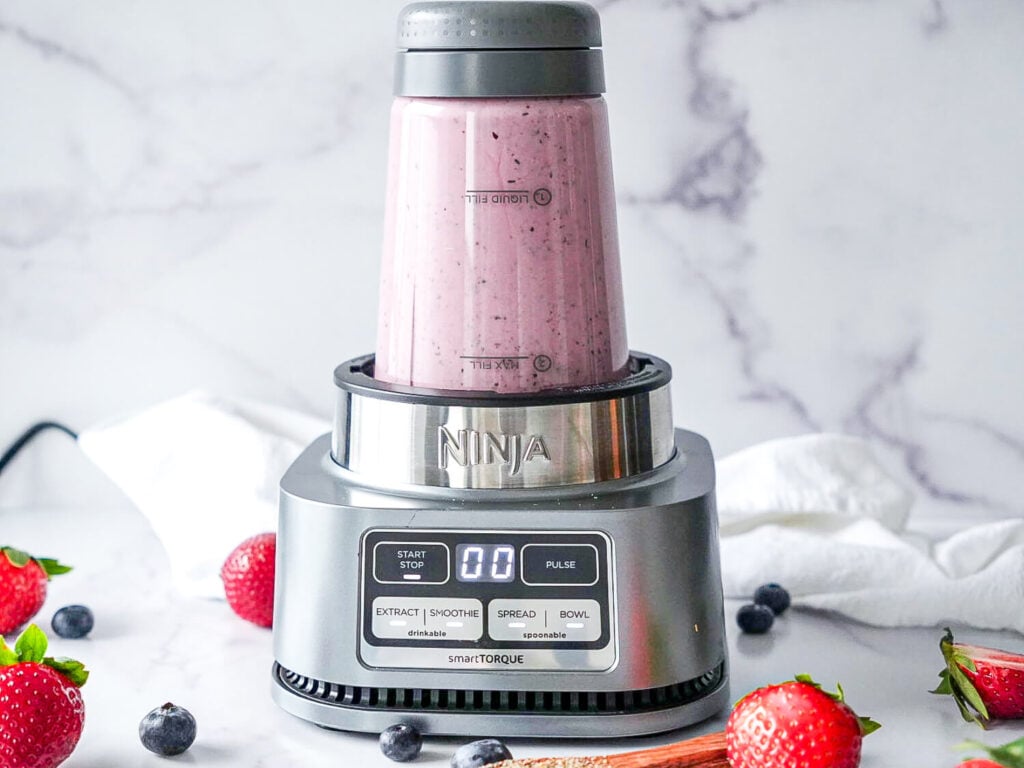 photo of Strawberry Blueberry Smoothie ingredients being blended