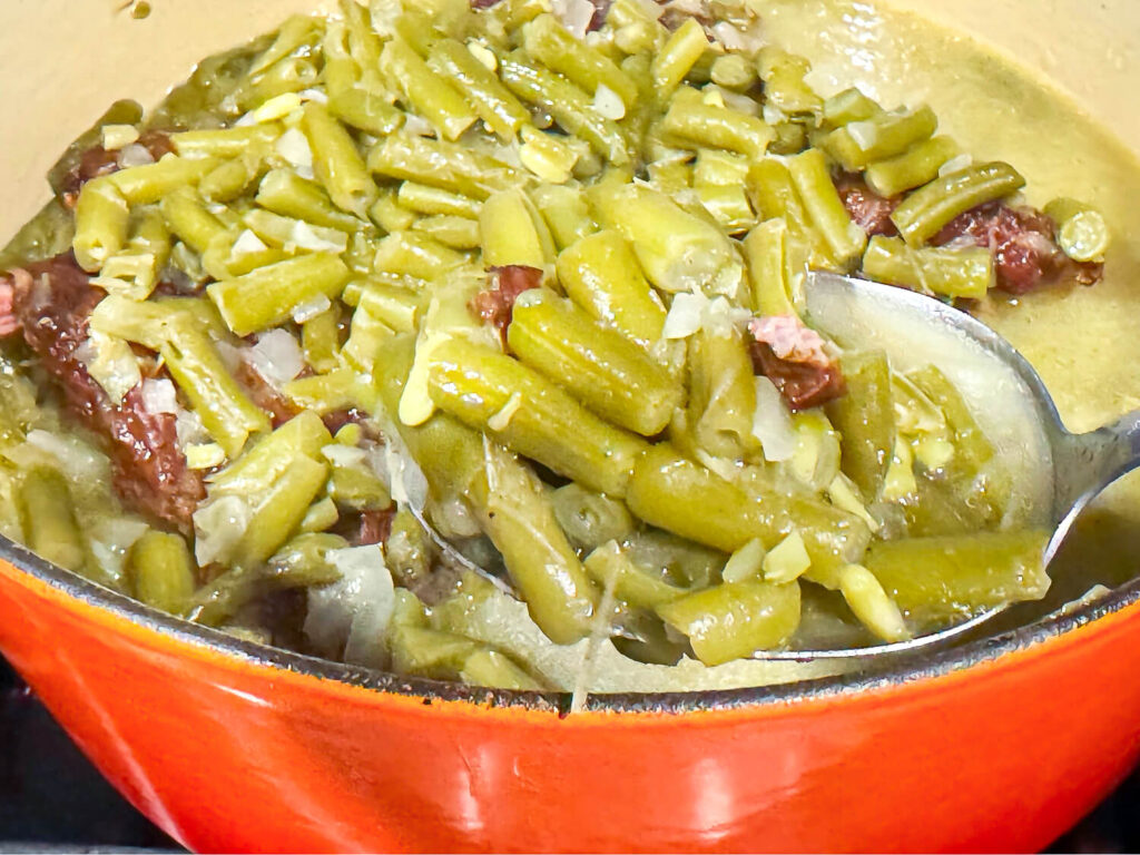 Close up photo of Southern Green Beans in a cooking pot