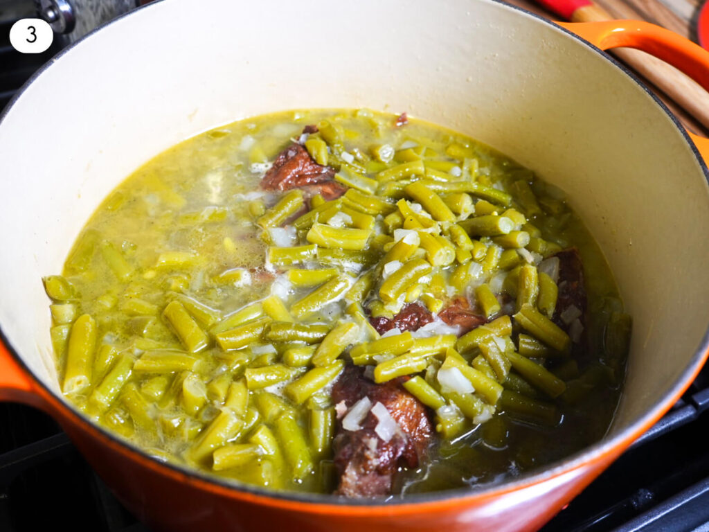 Close up photo of Southern Green Beans in a dutch oven
