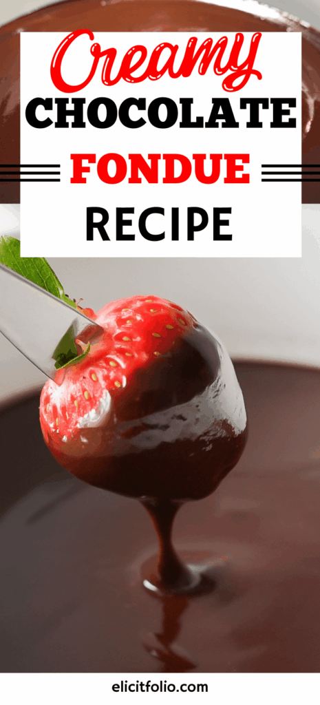 Chocolate Fondue Pin by Elicit Folio. Shows a close up photo of a strawberry being dipped in chocolate fondue
