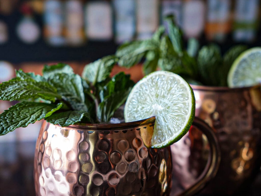 Close up photo of a Kentucky Mule with a second one faded in the background