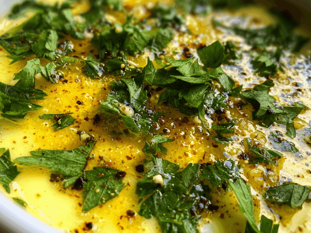 Close up photo of lemon butter garlic sauce