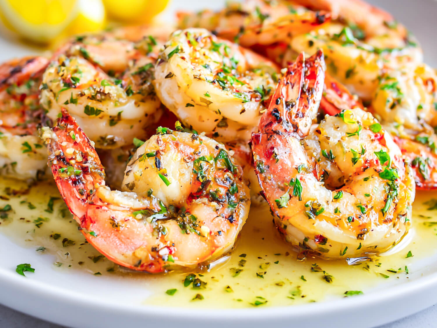 HERO photo of Pan Seared Shrimp on a white plate