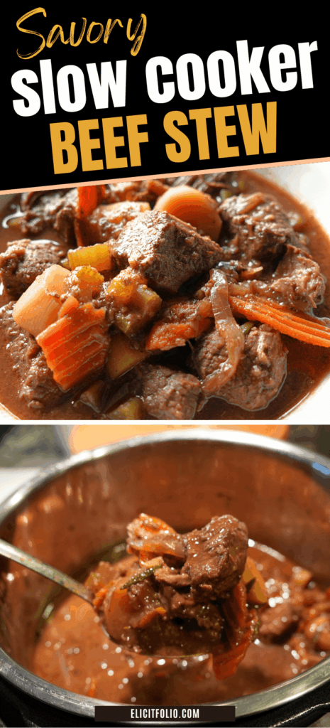 Pinterest Pin of a Slow Cooker beef stew. Top photo shows a close up of stew in a white bowl, bottom photo shows stew in a spoon