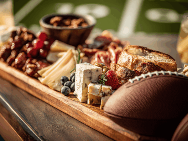 photo of a charcuterie board on a football field with a football on the side