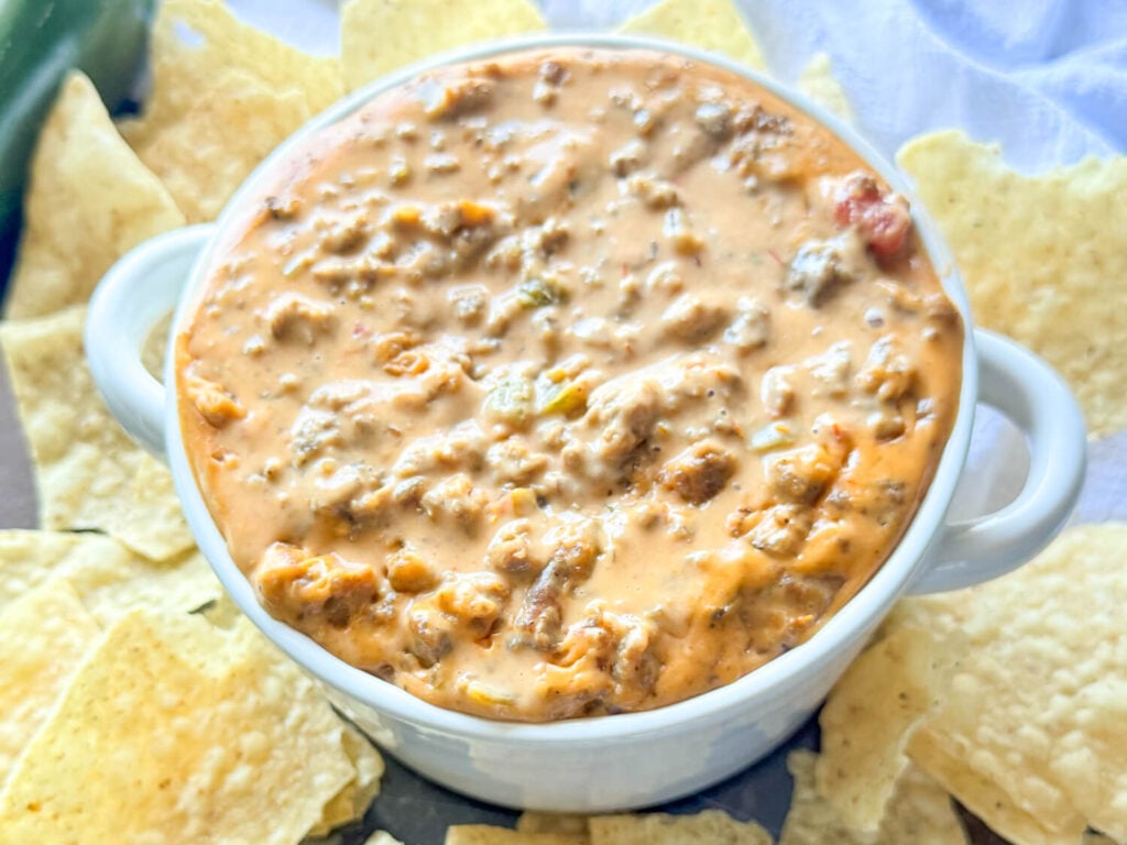 overhead photo of Sausage Cheese Dip